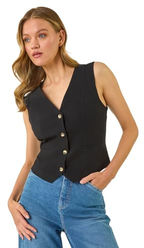 Roman Originals Cotton V-Neck Button Through Waistcoat for Women UK - Ladies Everyday Holiday Spring Summer V-Neckline Comfy Soft Evening Vacation Work Party - Black - Size 18
