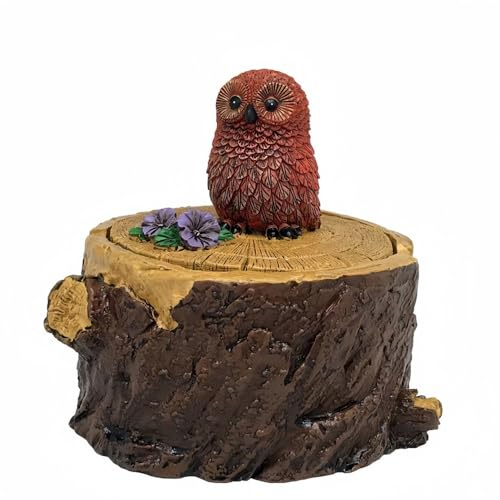 Vyloky Dekorativer Aschenbecher mit Tier-Deckel - Baumstumpf Design (Eichhörnchen, Igel, Eule, Koala) für Wohnzimmer, Balkon & Geschenk (11x11cm) (Eule)