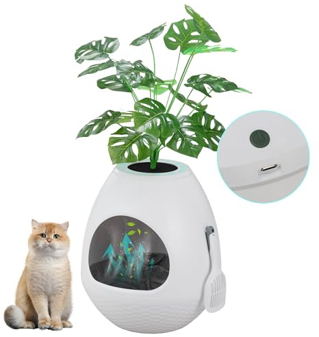 Cat Litter Box Furniture Enclosed Cabinet with Odour Control & Faux Plant, Hidden Litter Box Enclosure with Scoop & LED Light, Includes Litter Bags, White