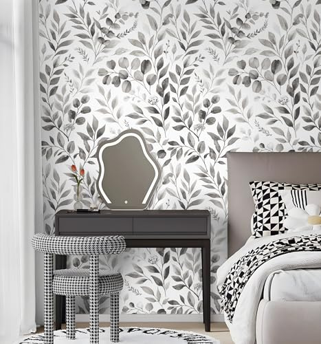 ICYEHAO Self Adhesive Wallpaper Grey Leaf, 44 x 500cm Peel and Stick Wallpaper White and Grey Flower Leaves Botanical Boho Self Adhesive Furniture Wrap for Living Room,Bathroom,Cabinets,Kitchen