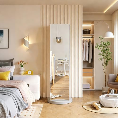 KSFASHZ Vestiaire D'entrée avec Miroir, Rotatif à 360°, 3 en 1 Miroir sur Pied avec Rangement Blanc, 2 Tiroir, Miroirs Rangement Chambre avec Porte Manteau, Miroirs Intégral Rotatif, 45 × 45 × 160 cm
