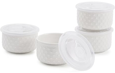 Pingansoon 8oz（240ml） Porcelain Ramekins with Lids, Set of 4 – Oven Safe White Soufflé & Crème Brûlée Dishes, Large Baking Bowls for Desserts, Sauce & Custard