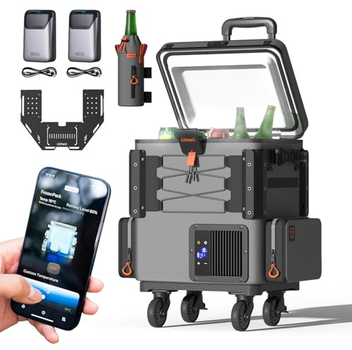 LiTHELi FrozenPack Wild - Refrigerador eléctrico portátil de 12 V con portavasos y mesa, 20 L/21 cuartos de galón con 2 baterías U20, diseño de mochila, congelador de viaje de -4 ~ 20.0 °C para