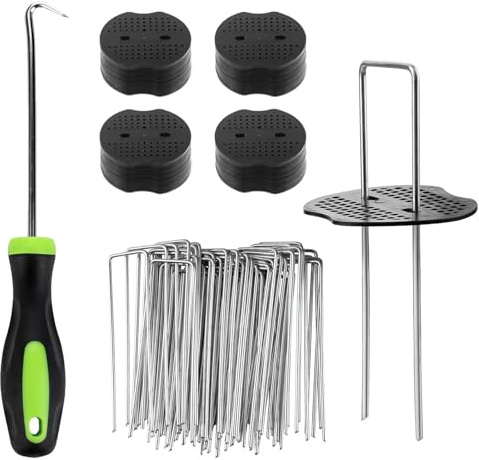 LCGOD Lot de 100 Piquets de Fixation pour Jardin – 150 x 36 mm | Piquets en Acier Galvanisé Forme de U avec 100 Rondelles et 1 Crochet, pour Toile de Paillage, Grillage et Gazon Artificiel