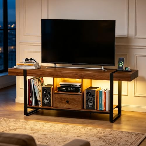 BACEKOLL 150cm TV Schrank mit LED-Beleuchtung, Modernes Lowboard mit Schublade, XXL Fernsehtisch für Fernseher bis 75/80 Zoll, Fernsehschrank für Wohnzimmer, Kabelmanagement, 150x40x50cm