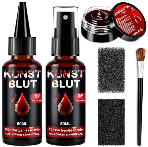 Faux Sang Halloween Kit - Lavable Fake Blood pour Maquillage Halloween | 50ml Spray Faux Sang + 50ml Sang Coulant + 50g Gel Faux Sang, pour Zombie, Vampire, Clown, Monstre, Cosplay, Théâtre