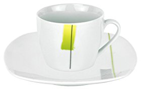 Van Well MANHATTAN Espressotasse + Untertasse im 2-tlg.-Set, edles Marken-Porzellan, Dekor mit grün-gelbem Farbtupfer und Linien