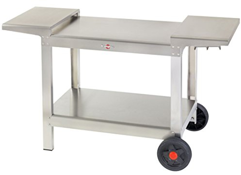 KRAMPOUZ Chariot extérieur Plein air pour plancha ou BBQ - desserte en Acier Inoxydable - 2 Grands Plateaux - 2 Grandes Roues - 2 tablettes rabattables avec Crochets pour Accessoires - Réf KHEA05
