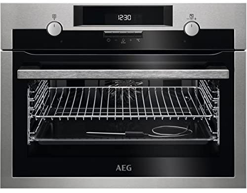 AEG KEE542020M Horno Multifunción compacto 45 cm, Limpieza Fácil, 10 funciones, Sonda Térmica, Cocción Uniforme, Pantalla LCD, Mandos Escamoteables, Antihuellas, Inox, Clase A+, 43 Litros