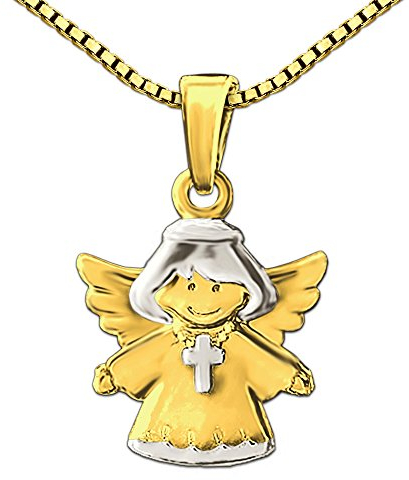 CLEVER SCHMUCK Set Mädchen Goldkette Kinderengel 13 mm Kreuz tragend Bicolor 333 Gold 8 Karat & vergoldeter Kette Venezia 42 cm im Etui weiß