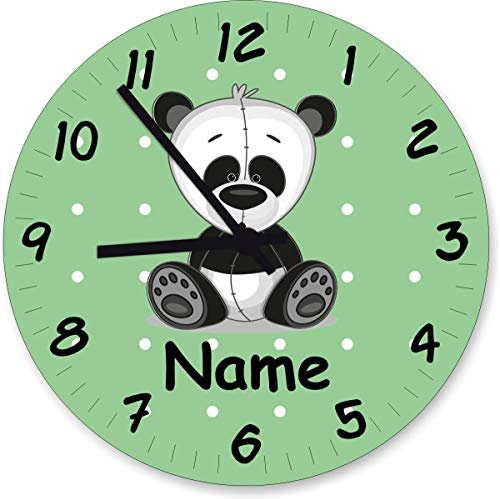 ShirtInStyle Wanduhr Kinderzimmer Wanduhr Panda Bär mit Wunschnamen Geschenk Uhr Kinder Handmade, 20cm, Pastellbgrün