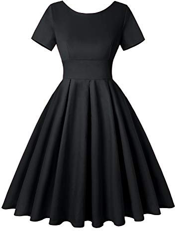 MINTLIMIT Women's Elegant Evening Party Short Sleeve Midi Dress Crew Neck Vintage Dress (Solid Black,Size S)