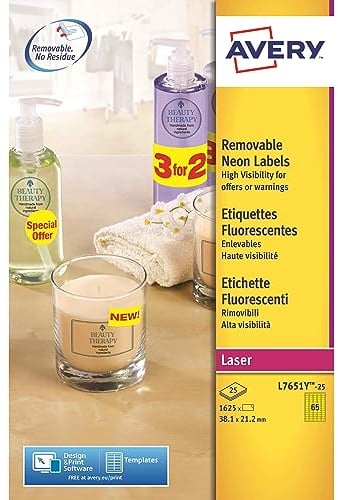 Avery L7651Y-25s – 1625 selbstklebende Etiketten, Neongelb, ablösbar, 38,1 x 21,2 mm