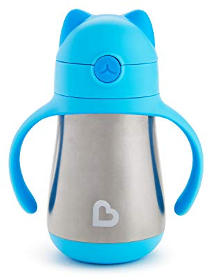 Munchkin Tasse avec Paille en Acier Inoxydable | Design Chat Cool | Tasse Sippy Bébé & Tout-Petits Sans BPA | Non-Coulante | Bouteille à Paille | 237ml | Bleu