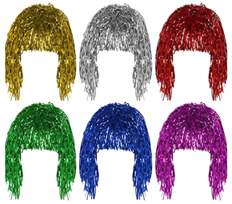 Garneck Perücken 6 Stück Folie Lametta Perücken Kostüm Glänzende Perücke Metallic Kostüm Cosplay Perücke für Kostüm Glänzende Party Kostüm Cosplay Foto Requisiten Blonde Perücke