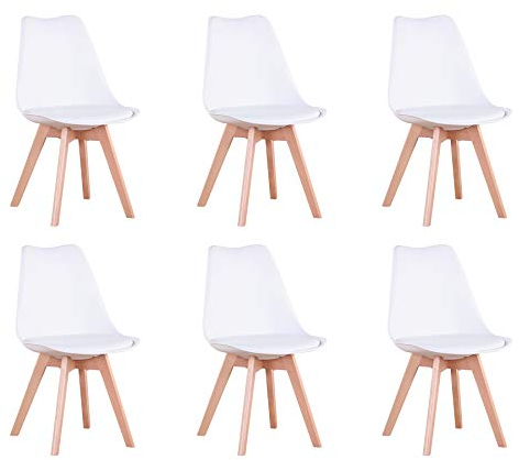 BenyLed Lot de 6 Chaises de Salle à Manger Tulipe Modernes avec Assise Rembourrée et Pieds en Bois de Hêtre Idéal pour Salle à Manger, Cuisine, Salon, Chambre à Coucher, Blanc