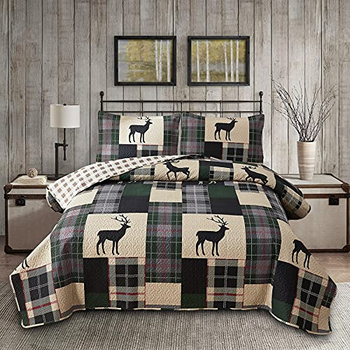Lodge Tagesdecken-Set für King-Size-Betten, rustikales Hütten-Bettwäsche-Set, Hirsch-Bettwäsche-Set, leichte Tagesdecke, wendbar, Elch, Elch, Bedruckt, dunkelgrün, beige, kariert,