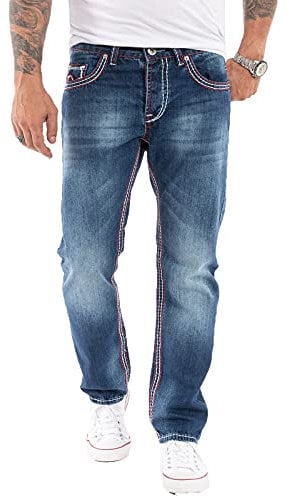 Rock Creek Herren Jeans Hose Comfort Fit Dicke Nähte Jeans Herrenjeans Herrenhose Denim Stonewashed Basic Weites Bein Raw RC-2272 Dunkelblau W34 L30