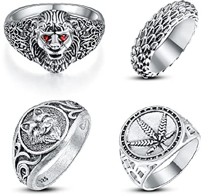 Cloyo 4PCS Vintage Ring Edelstahl Löwenkopf Ring für Männer Punk Biker Ring Drachenschuppe Wolf Ring Herren Siegelring mit Ahornblatt Silber/Grau Freundschaftsringe Größe 54 bis 65