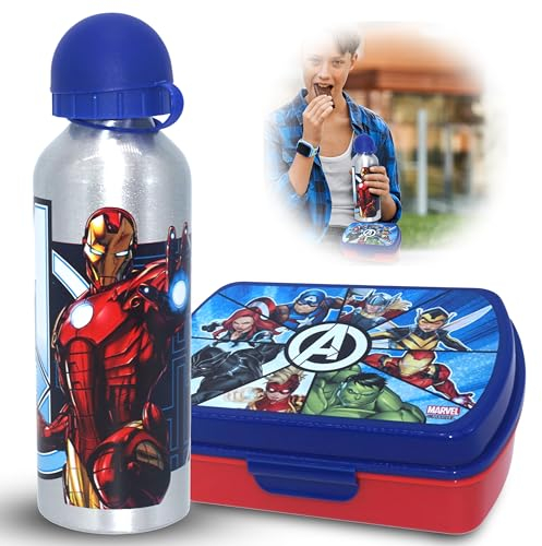 SRV Hub® Boîte à déjeuner en plastique + bouteille d’eau en aluminium pour enfants - Motif de personnage de dessin animé - 16 cm ; 400 ml (Avengers)