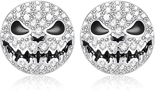 LOLIAS 925 Sterling Silber Halloween Totenkopf Ohrringe - Nightmare Before Christmas Schädel Gothic Schmuck - Jack Skull Charm Kristall Horror
