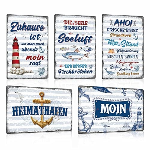 5er Set Vintage Blechschild Nordsee Meer Strand Leuchtturm - Retro Metallschild mit Spruch - MOIN - HEIMATHAFEN - Zuhause ist, wo man auch abends Moin sagt - Wand-schild Shabby Chic Deko Geschenk
