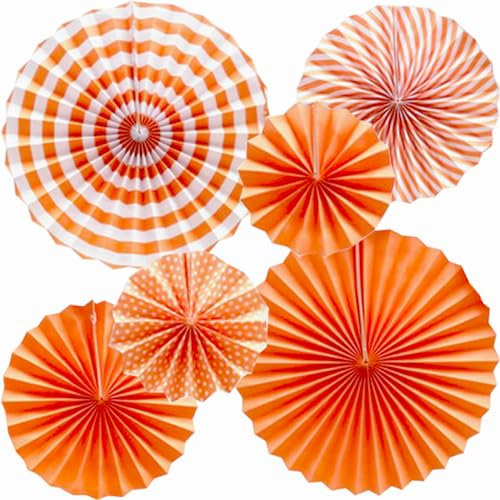 Ruidee 6Pcs Hanging Paper Fan Decorations, Colorful Fans for Parties, Carnivals, and Birthdays (Orange)
