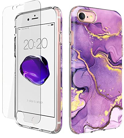 URZQOQ Cover iPhone SE 2022/Cover iPhone SE 2020/Cover iPhone 8/Cover iPhone 7 con Vetro Temperato, Lucida Fantasia Sottile Antiurto Antigraffio TPU Cover per iPhone SE/8/7 (4,7 Pollici) Viola