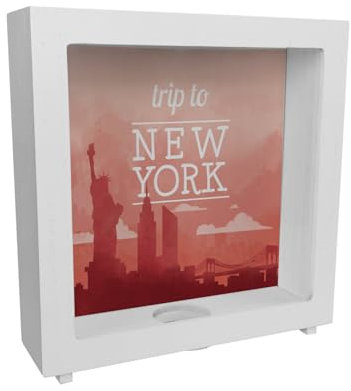 Rahmen Spardose aus Holz mit schönem Motiv und Text - Trip to New York in rot Rahmen Spardose aus Holz für den nächsten Städtetrip nach New York als Geschenk für Menschen die