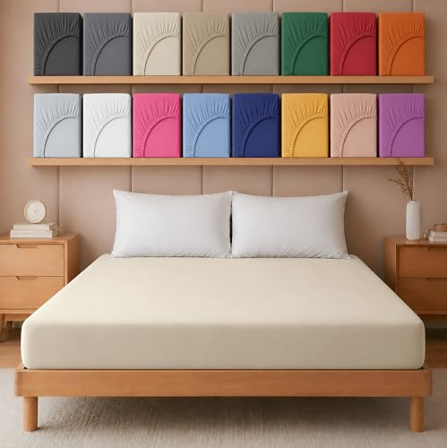 Hafaa Super King Fitted Sheet – Cream Soft Brushed Microfibre 25 cm Deep Elastic Fitted Bed Sheet – Easy Care & Breathable (180 x 200 cm)