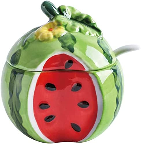 KNBG Azucarero de cerámica con forma de fruta, tarro de almacenamiento de sal y pimienta con tapa y cuchara, caja de condimentos (sandía)