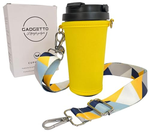 GADGETTO Lot de 3 porte-gobelets jaunes - Gobelet isotherme de qualité supérieure 500 ml - Sac à bandoulière - Porte-gobelet - Cordon tour de cou avec motif - Gadget - Idée cadeau