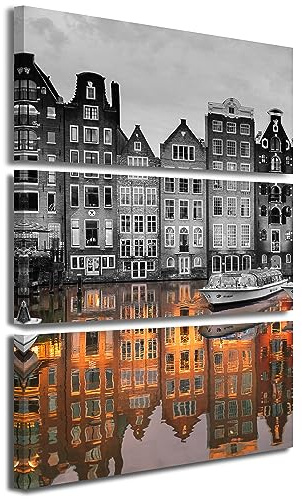 Leinwandbild 3-teilig (120x80cm) Spiegelung in Amsterdam, Schwarz Weiß, black and white, Fotografie, Dekoration für Zuhause, Wandbild klein bis XXL, echter Holz-Keilrahmen inkl. Aufhänger, handgefe..