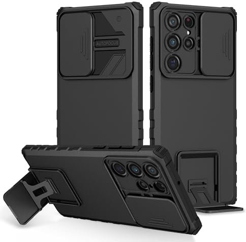 Coque pour Samsung Galaxy S22 Ultra, Protection de la Caméra Étui avec Lentille Coulissante Couverture, 360 Degres Full Body Armor et Antichoc Durable Protecteur Bumper Support stéréo Housse Étui-Noir