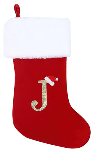 Personalized Christmas Stockings 45 cm Initial Monogram Embroidered Letter Christmas Stocking Red Velvet Xmas Stockings Classic Christmas Stockings Holiday Decor Tree Decoration for Kids & Adults (J)