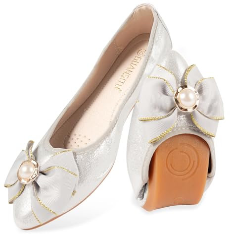 MACHSWON Womens Ballet Flats Comfortable Casual Pointed Toe Bow-Knot Slip on Wedding Ballerina Dressy Flats Shoes Women(Silver-88, Size 5.5)