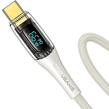 P4Y Câble USB-C avec affichage numérique pour charge rapide 66W 6A et transfert de données 480 Mbps Matériau : alliage d'aluminium + PVC + câble tressé Shadow Series 2m beige US-SJ593
