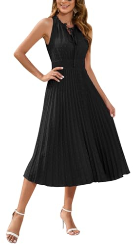Odizli Sommerkleid Damen Lang Elegant Sexy Ärmellos Schweizer Punkt Swing A Linie Plisseekleid Festlich Hochzeit Hochzeitsgast Abendkleid Midikleid Damenkleid Frühling Sommer Freizeitkleid Schwarz XL