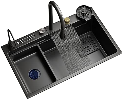 Kitchen Sink Raindance Waterfall Faucet 304 Stainless Steel Nano Washbasin Household Thickened Vegetable Basin with Knife Holder (Size : 68X45CM)