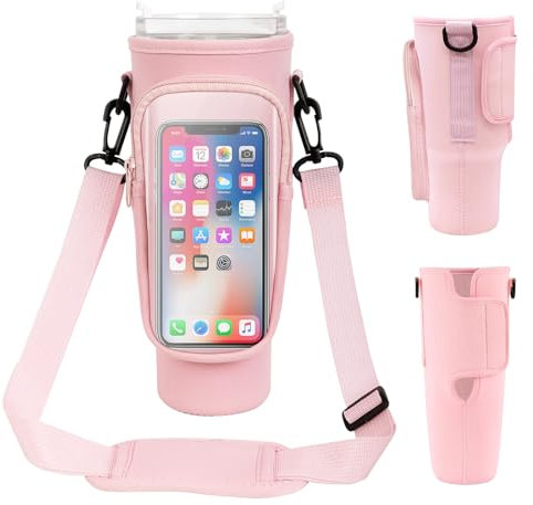 WINUSD Water Bottle Carrier Bag with Phone Pocket for Stanley Cup 40oz, Water Bottle Holder with Adjustable Strap, Water Bottle Bag, Pink Stanley Cup Accessories