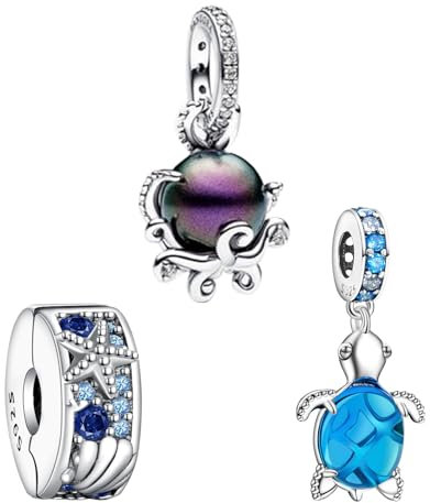 Doyafer Serie Oceano in Argento Sterling 925 Polpo Tartaruga Marina Stella Marina Conchiglia Clip Stringa Fascino Bracciale Ciondolo Compleanno Gioielli Regalo Confezione da 3