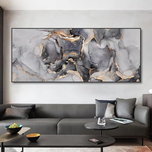 Pintura en tinta gris abstracta de gran tamaño, arte de pared, textura de mármol de lujo dorado, lienzo, póster e impresiones, imágenes para decoración de sala de estar, 70x143cm (28x56in) sin marco