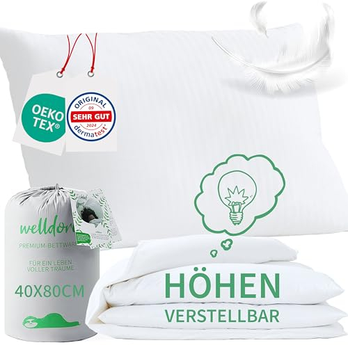 Welldora Premium Kopfkissen 40x80 höhenverstellbar | 100% Daunenfasern & Federn | Ergonomische Innovation: anpassbar fest bis weich | Kissen fachärztlich geprüft, Oeko-Tex Zertifiziert in Deutschland