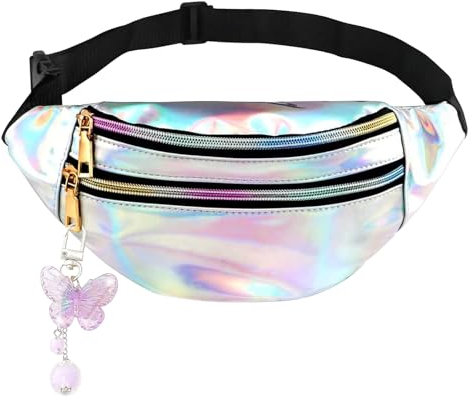 Thoquene Fächer Bauchtasche Damen Festival, Brusttasche Kinder, Holographic Silber Gürteltasche Mädchen