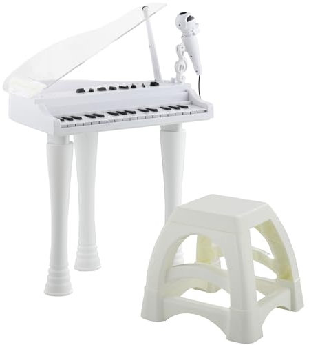 AIYAPLAY Piano Electrónico Infantil de 32 Teclas Juego de Piano con Micrófono Taburete Luces 22 Canciones 4 Sonidos Patas Desmontables y Volumen Ajustable 37x30,5x60,4 cm Blanco