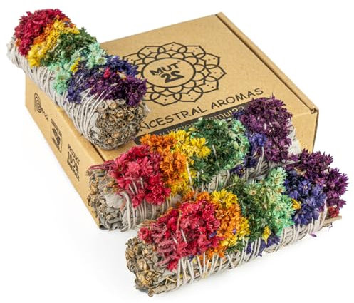 MUT22 3 Salvia Blanca con 7 Chakras Sagrada para Quemar, Hierba de Purificación y Armonía, Salvia Apiana 100% Natural, Ideal para Limpieza Espiritual y Rituales Energéticos
