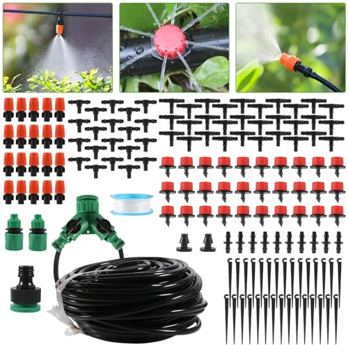 Dealikee 30M Drip Irrigation System, Micro Garden Drip Irrigation System with 1/4 inch Tubing & Adjustable Misting Nozzle Sprinkler, Automatic Watering System for Greenhouse, Yard, Lawn, Plant