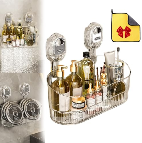 fjaldjfu Firmstaunch Suction Cup Storage, No-Drill Bathroom Suction Storage Box – Large Capacity & Strong Load-Bearing, Bathroom Shower Organizer, Suction Cup Storage Rack with Drain Hole (White)