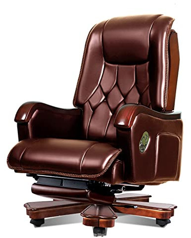 SaryEdge Chefsessel, Bürostuhl aus Massivholz, Ledersessel, verstellbare Rückenlehne, 360°-Drehstuhl mit ausziehbarer Fußstütze, Bürostuhl/Braun/122-128Cm(