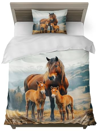 HommomH Pferd Motiv Bettwäsche Maße 135x200 cm Microfaser 2 teiliges Set enthält 1 Bettbezug und 1 Kissenbezug 80x80 cm für stylische Einzelbetten